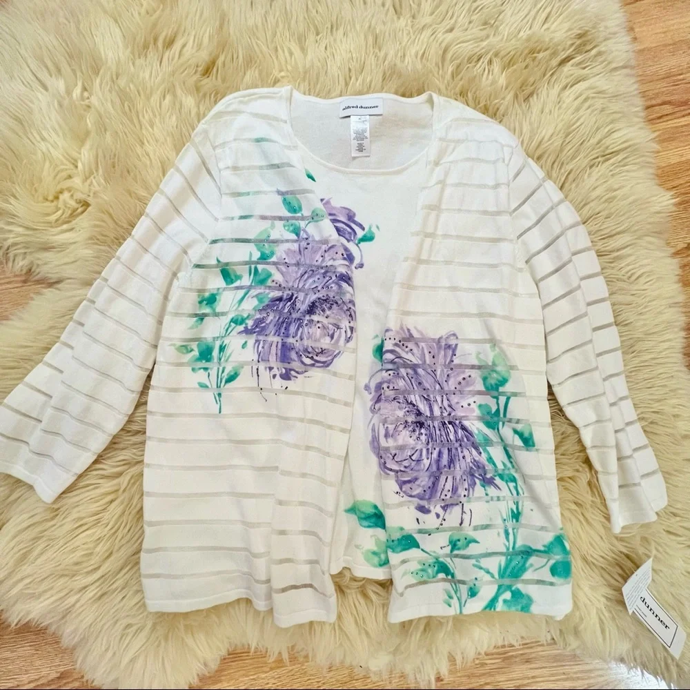 NWT White Purple Flowers Sweater Cardigan Mesh Alfred Dunner XL